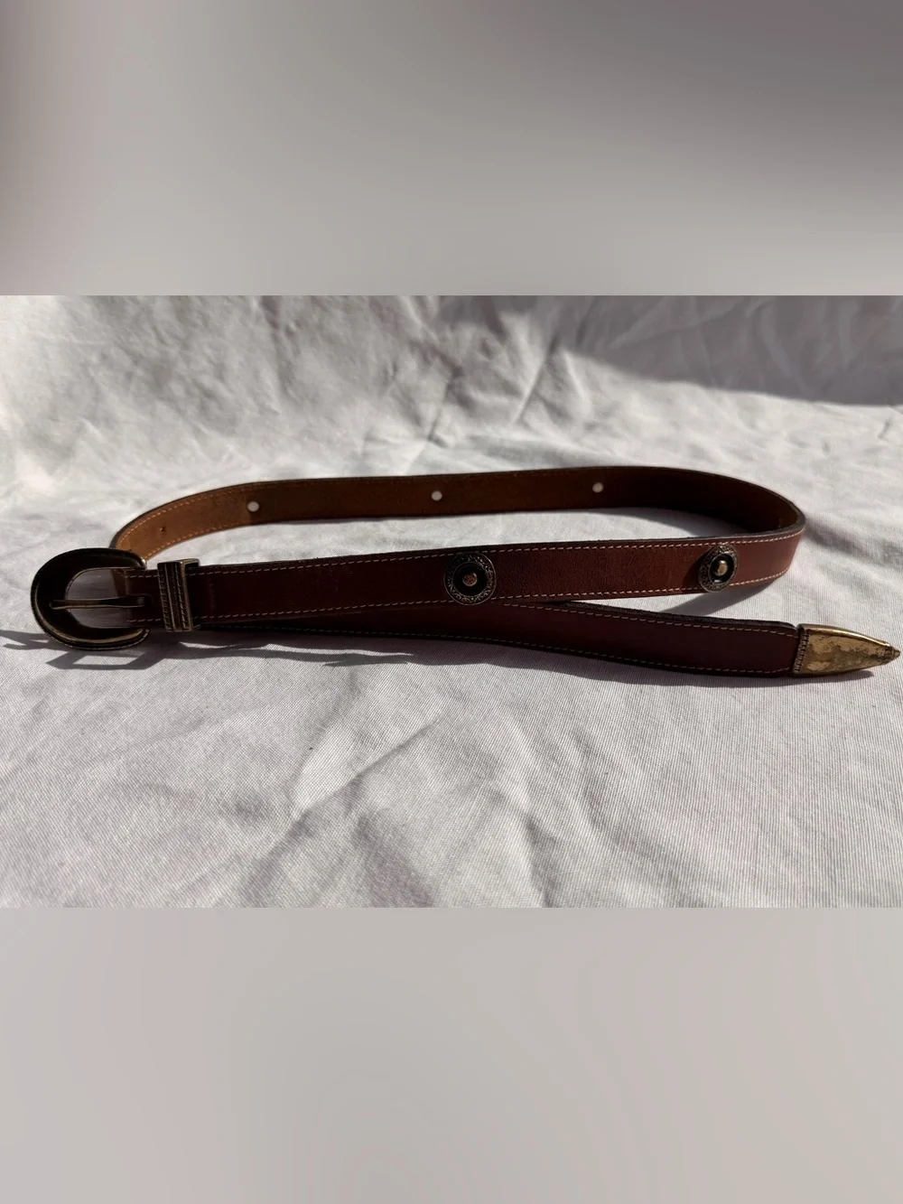 Vintage Brown Belt Leather Brass Metal Embellished 80’s Joan & David S